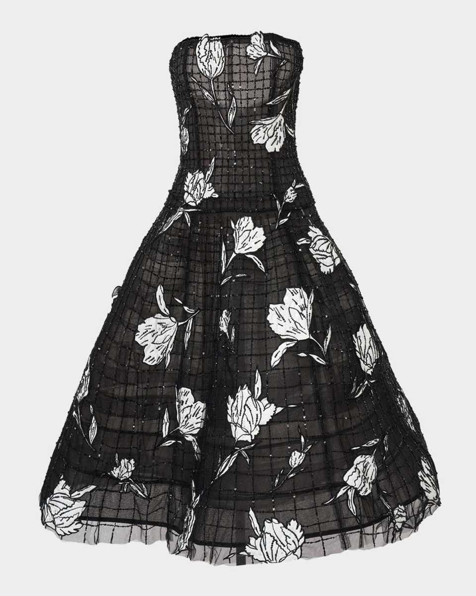 Floral Embroidered Strapless Drop-Waist Dress